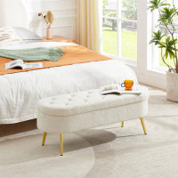 Ivy Bronx Storage Bench Velvet Suit A Bedroom Soft Mat Tufted Bench Sitting Room Porch Oval Footstool  Beige White Teddy