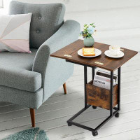 17 Stories Upgrade Rustic Brown Foldable End Table With Charging Station And Rolling Wheels - Versatile Space-Saving Des
