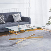 Everly Quinn Gold Stainless Steel Coffee Table With acrylic Frame and Clear Glass Top
