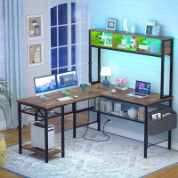 Inbox Zero Manorma L-Shaped Desk with Power Outlets and LED Lights, Gaming Desk with Hutch and Monitor Stand