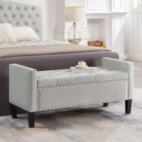 Red Barrel Studio Entryway Storage Bench with Tufted Upholstery, Nailhead Trim, and Armrest