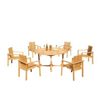 Teak Smith Grade-A Teak Dining Set: 48" Round Table And 5 Clipper Stacking Arm Chairs