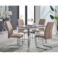 East Urban Home Tierra Modern Glass & Metal Extendable Dining Table Set & 4 Luxury Faux Leather Dining Chairs