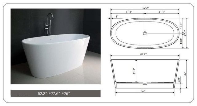 62x28 Inch ( 26H ) Freestanding Solid Surface in Matte White with Centre Drain - Deep Soaking    LFC in Plumbing, Sinks, Toilets & Showers - Image 4