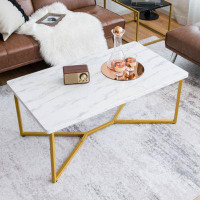Mercer41 White Faux Marble Coffee Table With Gold Finished Metal Frame