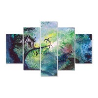 Design Art A Fairy Tale House On The Giant Tree Branch - Traditional Canvas Wall Art Print - 60X32 - 5 Panels
