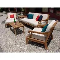 Teak Smith 5 Pc Sofa Set: Sofa, 2 Lounge Chairs, Coffee Table & Side Table + Sunbrella #57003 White Cushions-33" H x 80"