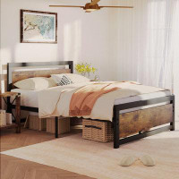 17 Stories Bed Frame, Industrial Platform Bed With Headboard Footboard, Metal And Wooden Bed Frame, Heavy Duty Steel Sla