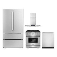 Cosmo 4 Piece Kitchen Set with 30" Gas Range 30" Wall Mount Hood 24" Dishwasher & Refrigerator