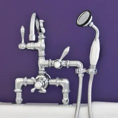 Strom Living 3 Handle Deck Mounted Thermostatic Clawfoot Tub Faucet with Diverter and Handshower