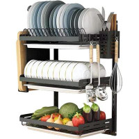 Co-t 3 Tier Black Stainless Steel Dish Drying Rack Fruit Vegetable Storage Basket With Drainboard And Hanging Chopsticks