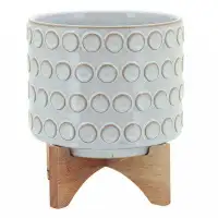 Dakota Fields Planter With Wooden Stand And Bubble Design, Small, Off White