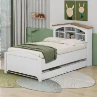 Cosmic Twin Size Wood Platform Bed With House-Shaped Storage Headboard And Trundle