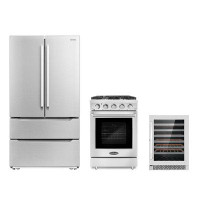 Cosmo 3 Piece Kitchen Package With 24" Freestanding Gas Range 48 Bottle Freestanding Wine Refrigerator & Energy Star Fre