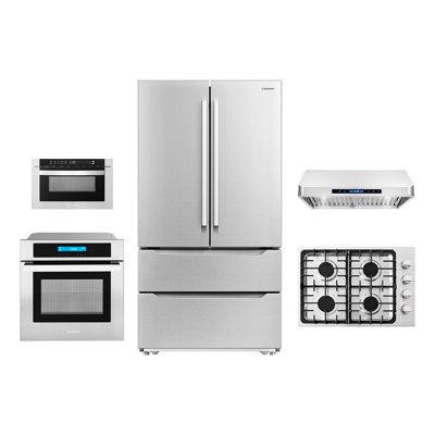 Cosmo 5 Piece Kitchen Package With 36" Gas Cooktop 36" Under Cabinet Range Hood 24" Single Electric Wall Oven 24" Built- in Refrigerators