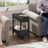 Red Barrel Studio Red Barrel Studio® Side Table With Charging Station, Narrow End Table With Storage, 2-Drawer Nightstan