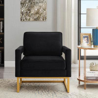 Mercer41 Modern Accent Chair With Gold Metal Base, Velvet Upholstered Leisure Chair Featuring Open Armrests - Black