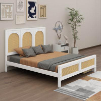 Millwood Pines Queen Size Wood Storage Platform Bed With 2 Drawers And Rattan Headboard