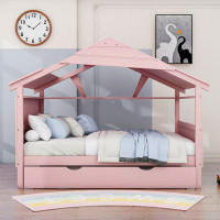 Latitude Run® Darica Full Size Wood House Bed with Twin Size Trundle and Shelves