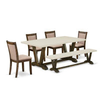 Gracie Oaks 6-PC Mid Century Dining Table Set - A Dining Table with Wood Bench and 4 Linen Fabric Dinner Chairs