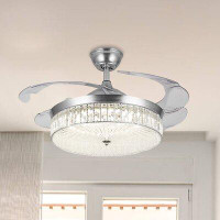 Amcor 36 Inch 4-Blade Silver Crystal Retractable Ceiling Fan With Remote Control And LED Light Kit Include