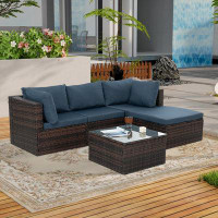 Hokku Designs Rease Seasonal 5 Pce Patio PE Wicker Outdoor Furniture Set- W'Tempered Glass Coffee Table,Blue