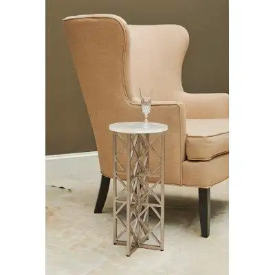 This contemporary upscale Gypsum Stone-Top Drink Table has a mixed-media design featuring a smooth e...