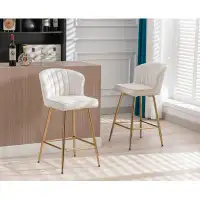 Everly Quinn Modern Low Bar Stool With Backrest And Footrest, Comfortable Upholstered Velvet Bar Stools Suitable For Kit