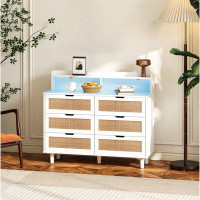 Bay Isle Home™ Ahniyah 43"W 6 Drawers White Rattan Storage Cabinet with LED Lights and Power Outlet,for Living Room