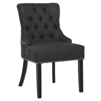 BUTTON-TUFTED DINING CHAIR, FABRIC UPHOLSTERED ACCENT CHAIR WITH NAILED TRIM &amp; WOOD LEGS FOR LIVING ROOM, DARK GREY