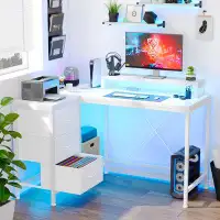 Ebern Designs L Shaped Desk With Power Outlets & LED Lights, Computer Desk With Drawers & Shelves