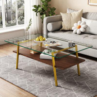 Mercer41 Rectangle Coffee Table, Tempered Glass Tabletop With Metal Legs, Modern Table For Living Room