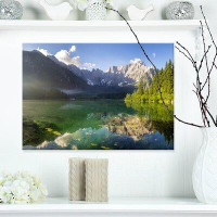 Design Art Green Mountain Lake in the Alps - Wrapped Canvas Print