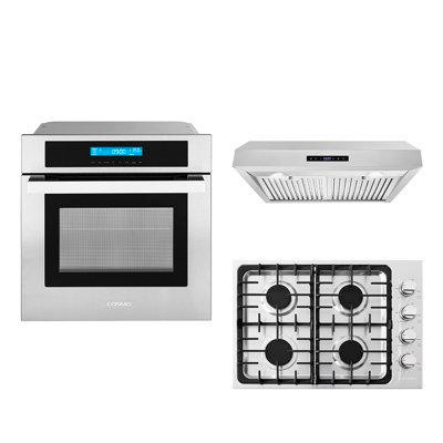 Cosmo 3 Piece Kitchen Package With 30" Gas Cooktop 30" Under Cabinet Range Hood 24" Single Electric Wall Oven in BBQs & Outdoor Cooking