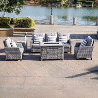 Highland Dunes Cribb 5-Piece With Gas Fire Pit Coffee Table Rattan Sofa Seating Group with Cushions