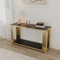 Everly Quinn Modern Glass Console Table, 55" Gold Sofa Table with Sturdy Metal Frame