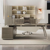 Recon Furniture 70.87" Tan L-Shape Manufactured Wood Chrome Plating Executive Desk,1-Side Cabinet