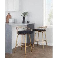 Wade Logan Gracen Glam 26" Glam/Art Deco Fixed-Height Counter Stool With Swivel In Gold Metal And Black Velvet With Roun