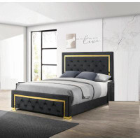 Mercer41 Contemporary Glam Queen Black Fabric Upholstered Panel 1Pc Queen Bed Black Fabric Gold Legs Bedroom Furniture