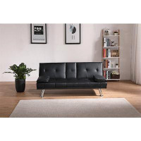 Ebern Designs Black Leather Multifunctional Double Folding Sofa Bed with Coffee Table