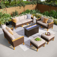 Alphamarts 9-Piece Wicker Outdoor Patio Furniture Set, Sectional Patio Set with Beige Cushions, Fire Pit Table