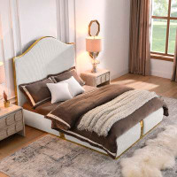 House of Hampton " Tall Headboard Queen Bed Frame In Corduroy Upholstery - Metal Decor, No Box Spring Needed For Sleek C