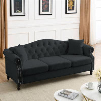 House of Hampton 79" Chesterfield Sofa Black Velvet For Living Room, 3 Seater Sofa Tufted Couch With Rolled Arms And Nai