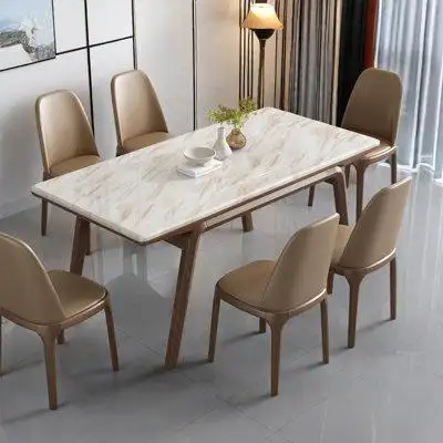 This is a simple style dining table. It is composed of marble tabletop and ash wood bearing board an...