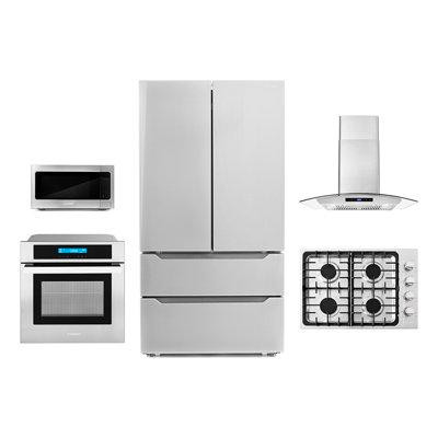 Cosmo 5 Piece Kitchen Package with French Door Refrigerator 30"" Gas Cooktop & Wall Oven in Refrigerators