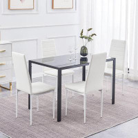 Ebern Designs 5 Piece Kitchen Table And Chairs With Black Tempered Glass Table Top And 4 White Pvc Metal Frame Chairs