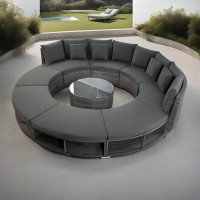 Latitude Run® Luxury 9-piece Circular Outdoor Patio Conversation Set With Tempered Glass Coffee Table And 6 Pillows