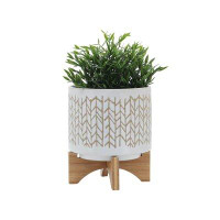 Corrigan Studio Ceramic Planter Stand, Ivory/Beige Chevron with Wooden Base, Indoor/Outdoor Planter with Stand For Your