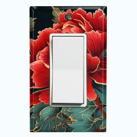 WorldAcc Metal Light Switch Plate Outlet Cover (Artistic Red Flower Green Leaves - Single Rocker)