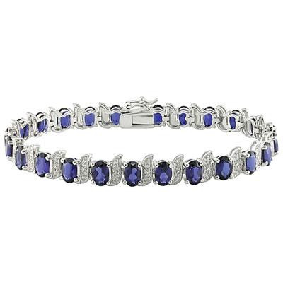 Modern Sterling Silver with Blue Oval Sapphire & 0.03ctw I3 Diamond Tennis Bracelet in Jewellery & Watches